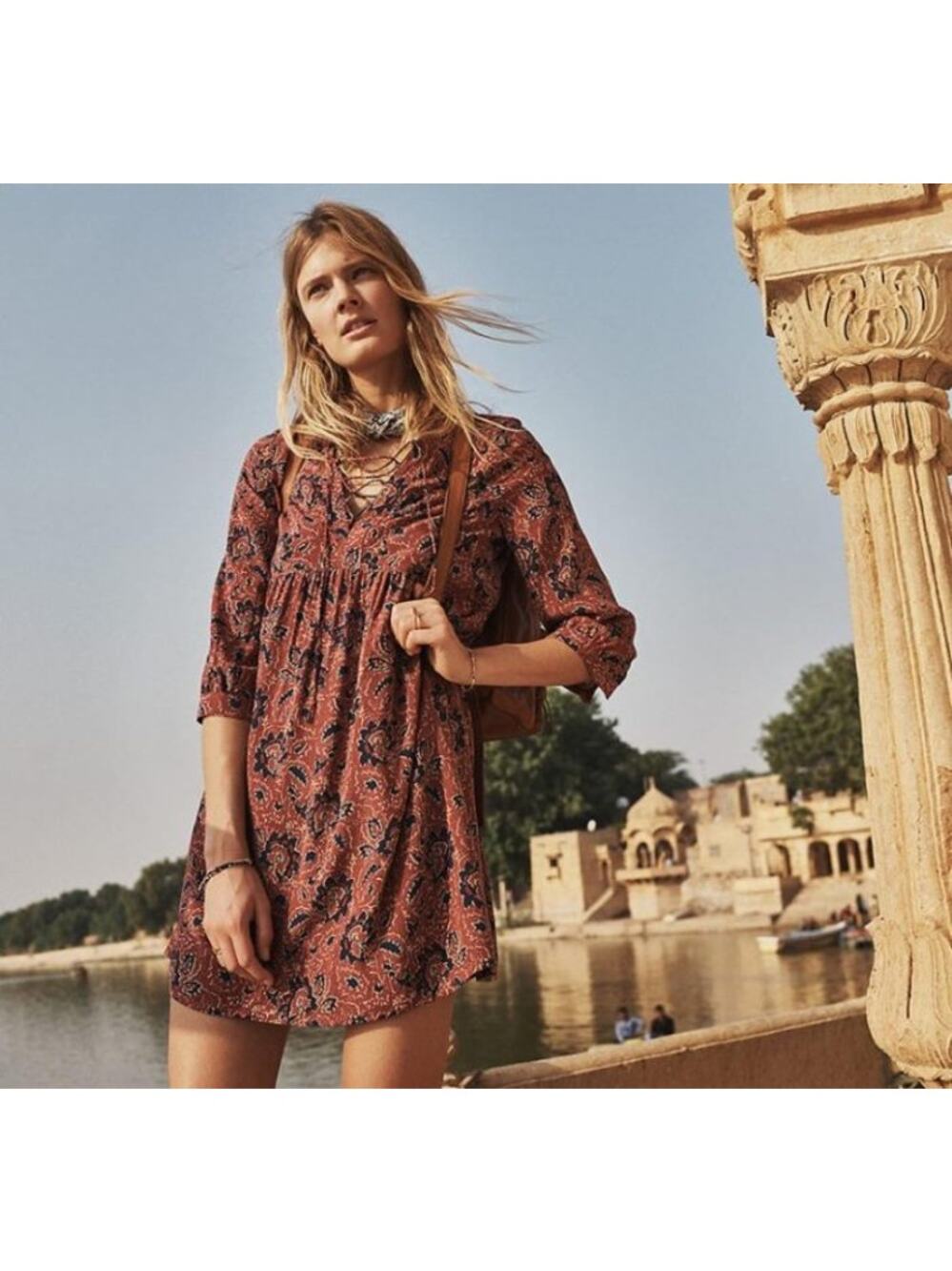 Madewell Women's Size XS Red Assam Floral Silk Lace Up Babydoll Mini Dress